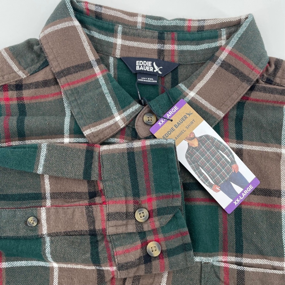 Eddie Bauer Men's XXL Green Brown Plaid Flannel Shirt Long Sleeve Cotton NEW